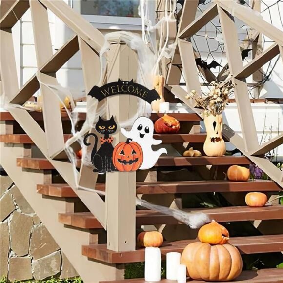 Pumpkin Black Cat Wreaths Sign Hanging for Home Wall Decor Front Door Sign - Picture 5 of 8